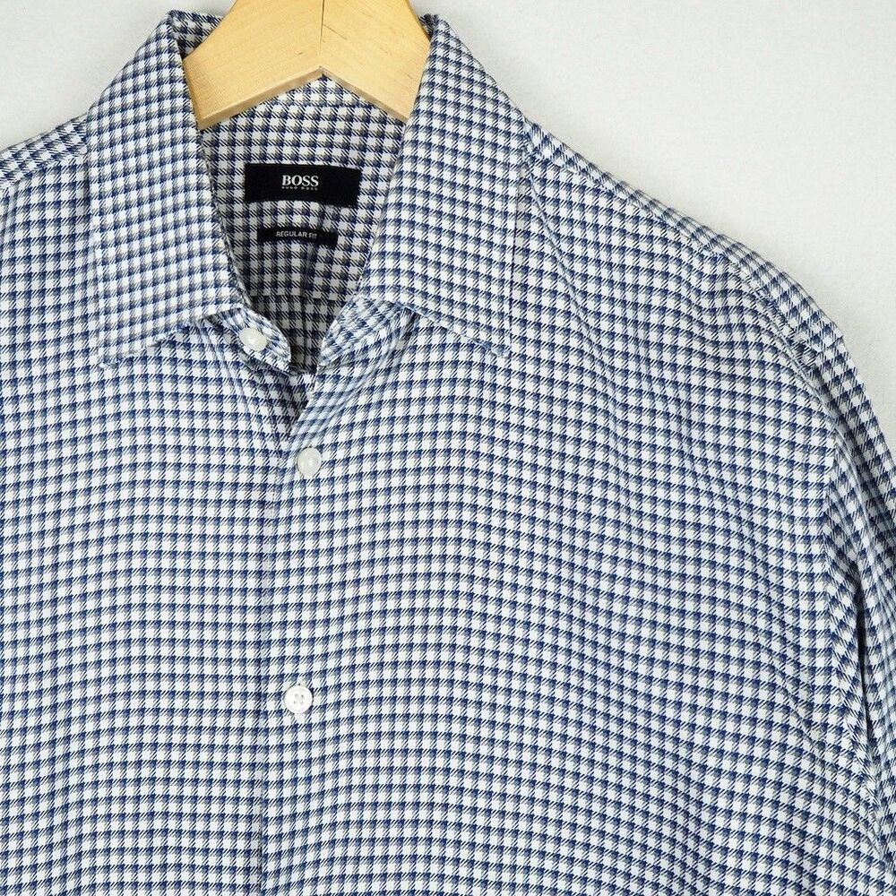 Hugo Boss Regular Fit Dress Shirt Blue Black White Check Mens 15.5 34/35 Cotton